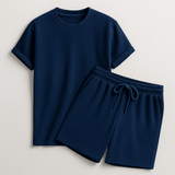 Herren Geripptes Set Mit Kurzarm Shirt Und Shorts in Marineblau
