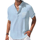 Herren Kurzarm Henley Hemd mit Stehkragen und Brusttasche in Hellblau