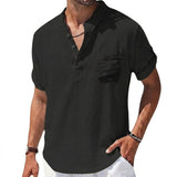 Herren Kurzarm Henley Hemd mit Stehkragen und Brusttasche in Schwarz