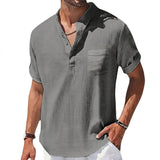 Herren Kurzarm Henley Hemd mit Stehkragen und Brusttasche in Grau
