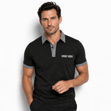 Herren-Kurzarm-Poloshirt mit gemustertem Besatz in Schwarz