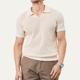 Herren Kurzarm Strick Polohemd mit offenem Kragen und Rippabschlüssen in Beige