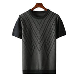 Herren Kurzarm Strickoberteil mit geometrischem V Muster in Schwarz