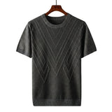 Herren Kurzarm Strickoberteil mit geometrischem V Muster in Grau