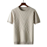 Herren Kurzarm Strickoberteil mit geometrischem V Muster in Aprikose