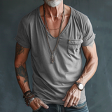 Herren Kurzarm T-Shirt mit V-Ausschnitt und Brusttasche in Grau