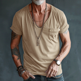 Herren Kurzarm T-Shirt mit V-Ausschnitt und Brusttasche in Khaki