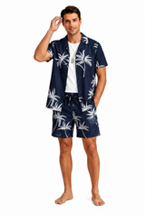 Herren Kurzarmhemd- und Shorts-Set mit Palmenmuster in Marineblau