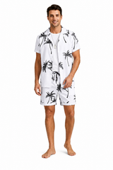 Herren Kurzarmhemd- und Shorts-Set mit Palmenmuster in Weiß