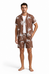 Herren Kurzarmhemd- und Shorts-Set mit Palmenmuster in Braun