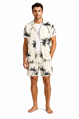 Herren Kurzarmhemd- und Shorts-Set mit Palmenmuster in Beige