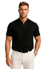 Herren-Kurzarmshirt mit Split-Kragen und Rippbündchen in Schwarz
