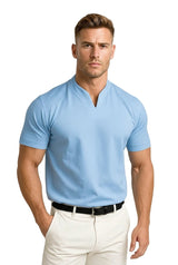 Herren-Kurzarmshirt mit Split-Kragen und Rippbündchen in Hellblau