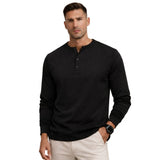 Herren-Langarm-Henley-Shirt mit Knopfleiste und Rippbündchen in Schwarz