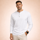 Herren-Langarm-Henley-Shirt mit Knopfleiste und Rippbündchen in Weiß
