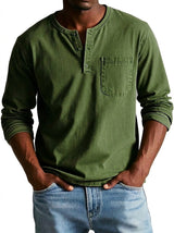 Herren Langarm-Henleyshirt mit Knopfleiste und Brusttasche in Oliv