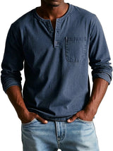 Herren Langarm-Henleyshirt mit Knopfleiste und Brusttasche in Marineblau