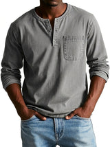 Herren Langarm-Henleyshirt mit Knopfleiste und Brusttasche in Grau
