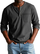 Herren Langarm-Henleyshirt mit Knopfleiste und Brusttasche in Schwarz
