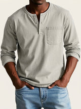 Herren Langarm-Henleyshirt mit Knopfleiste und Brusttasche in Hellgrau