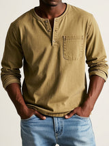 Herren Langarm-Henleyshirt mit Knopfleiste und Brusttasche in Gelb