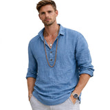 Herren-Langarmhemd mit Henley-Ausschnitt und Knopfleiste in Blau