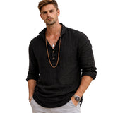 Herren-Langarmhemd mit Henley-Ausschnitt und Knopfleiste in Schwarz