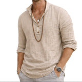 Herren-Langarmhemd mit Henley-Ausschnitt und Knopfleiste in Beige
