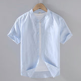 Herren-Leinenhemd mit Kurzarm und Stehkragen in Pastellblau