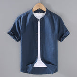 Herren-Leinenhemd mit Kurzarm und Stehkragen in Marineblau
