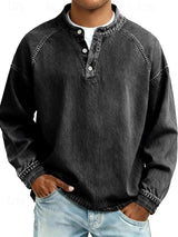 Florian | Herren Mens Knit Sweater Retro Henley Langarm Pullover Used-Look in Schwarz