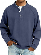 Florian | Herren Mens Knit Sweater Retro Henley Langarm Pullover Used-Look in Dunkelblau