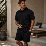 Herren Poloshirt und Shorts Set mit Diagonalem Strukturmuster in Schwarz