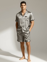 Herren Schlafanzug kurz gemustert mit Hemd und Shorts in Khaki Buchstabe