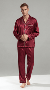 Herren Schlafanzug Set lang mit Hemd und Hose in Weinrot