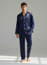 Herren Schlafanzug Set lang mit Hemd und Hose in Marineblau