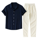 Herren-Set aus Kurzarmhemd mit Reverskragen und Hose mit Kordelzug in Blau