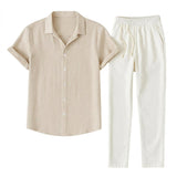 Herren-Set aus Kurzarmhemd mit Reverskragen und Hose mit Kordelzug in Khaki