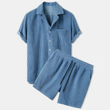 Herren Set aus Kurzarmhemd mit Reverskragen und Shorts mit Kordelzug in Blau