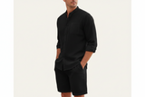 Herren Set mit Hemd mit Stehkragen und Shorts mit Kordelbund in Schwarz