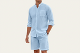 Herren Set mit Hemd mit Stehkragen und Shorts mit Kordelbund in Hellblau