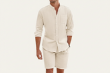 Herren Set mit Hemd mit Stehkragen und Shorts mit Kordelbund in Beige