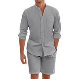 Herren Set mit Hemd mit Stehkragen und Shorts mit Kordelbund in Grau