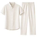Herren Set mit Kurzarmhemd mit Stehkragen und Knopfleiste sowie Hose mit elastischem Bund in Beige