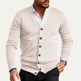 Herren Strickjacke mit Knopfleiste, V-Ausschnitt und Rippbündchen in Beige