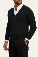 Herren Strickjacke mit Knopfleiste, V-Ausschnitt und Rippbündchen in Schwarz