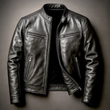 Simon | Herren Vintage Biker Lederjacke Reißverschluss Vier-Taschen-Design in Biker Schwarz