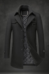 Fabian | Herren Wollmantel Slim Fit Doppelkragen Wärmeisolierter Wintermantel in Schwarz