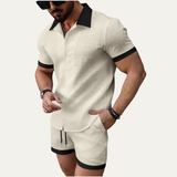 Herren zweiteiliges Set mit Kurzarmhemd mit Knopfleiste und Shorts mit elastischem Bund und Kordelzug in Hellgelb