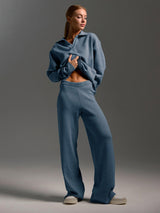 Damen Lounge Set mit Weitbein Hose und Polo Pullover in Blau